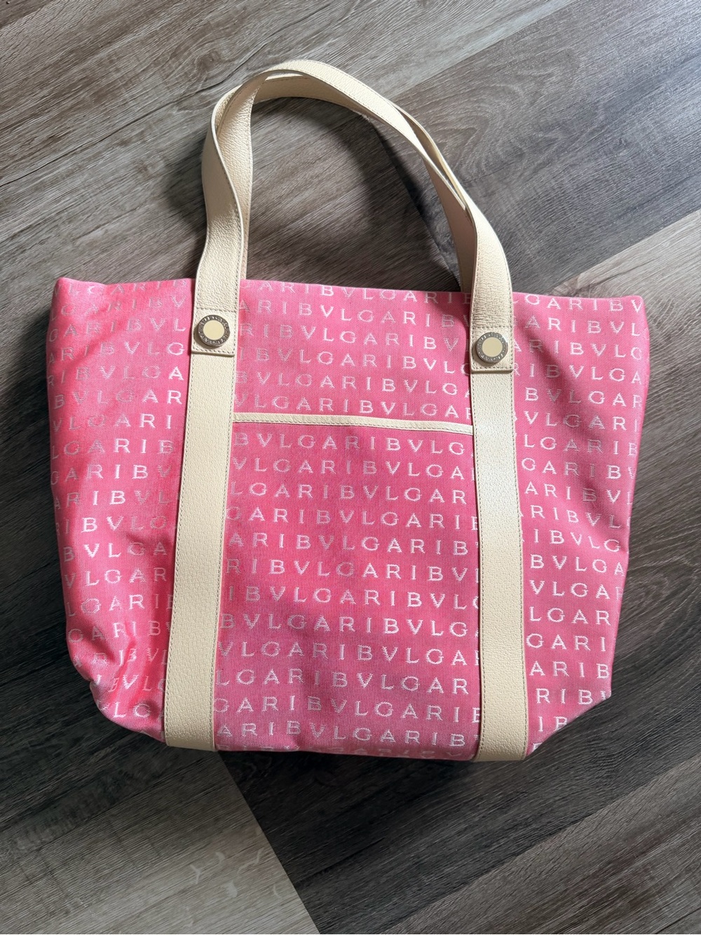 Bulgari Pink Logo Canvas Tote with Cream Straps